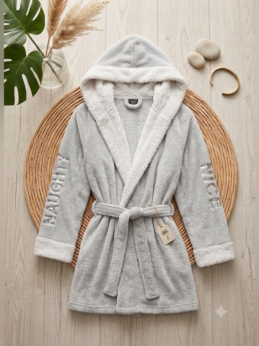 RUE21 Grey Plush Sherpa-Lined Hooded Robe | "Naughty" & "Nice" Sleeve Details